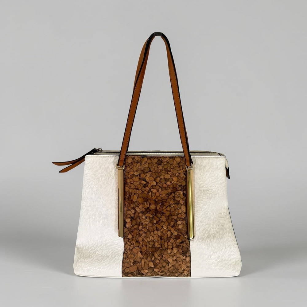 Sondra Roberts Squared Tote Bag Cork Panel White Shoulder Bag